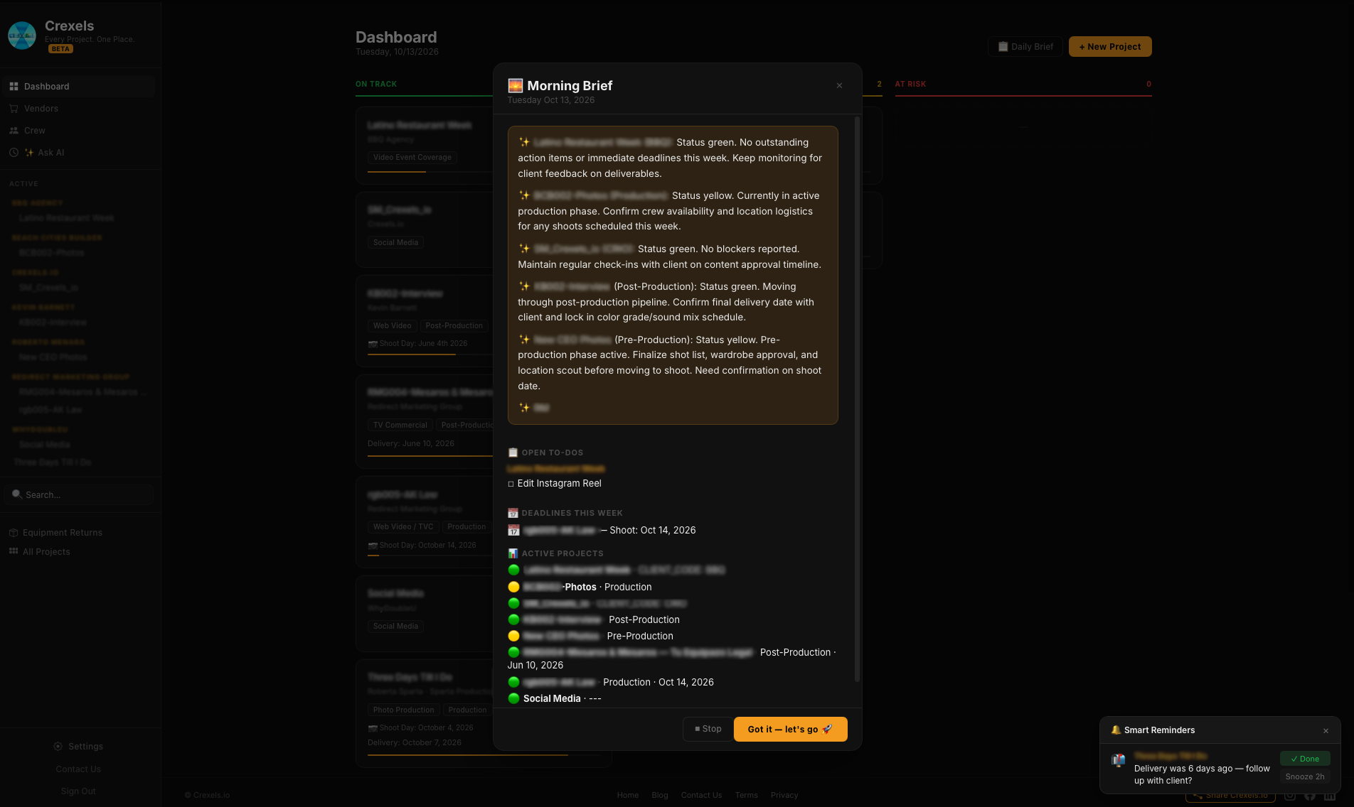 Crexels.io Daily Brief card showing status and open items across active projects
