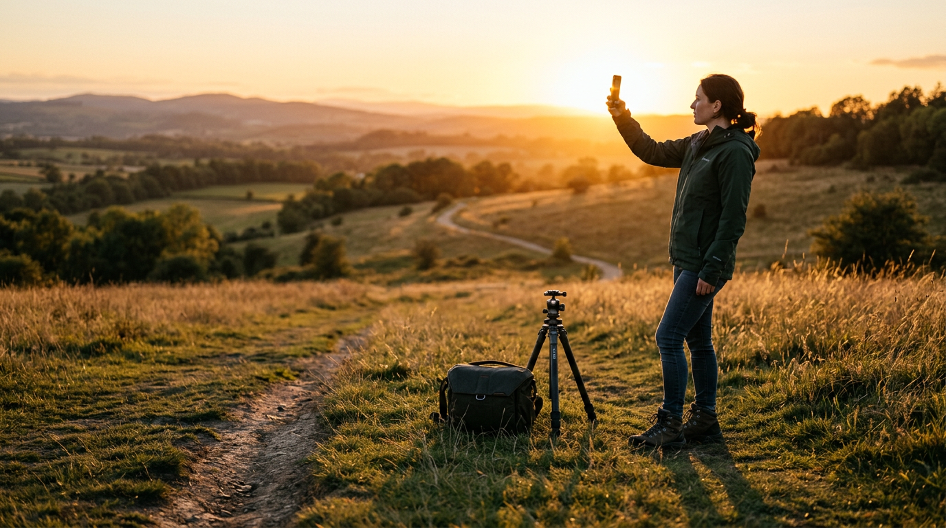 Photographer scouting a location at golden hour, checking sun position with a phone app